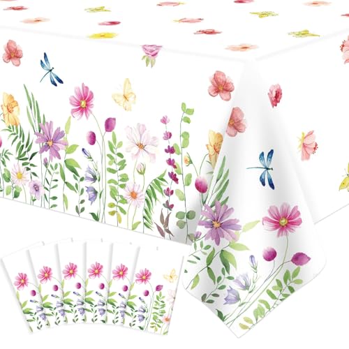 6 Pack Spring Floral Tablecloth Wild Flowers Table Cloth Plastic Spring Floral Table Cloth Flower Disposable Table Cover for Flower Wedding, Babyshower, Birthday Party Decorations 51 x 86 Inches