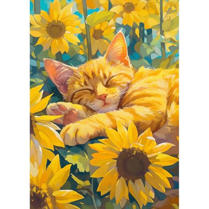 SJUTOUCI Orange Cat Diamond Art Kit for Adults, Kitten Diamond Painting | Animal and Sunflower Gem Art, Bead Art, Diamond Dots Craft, Round Full Drill, Home Decor, DIY Gift, 12×16 inch