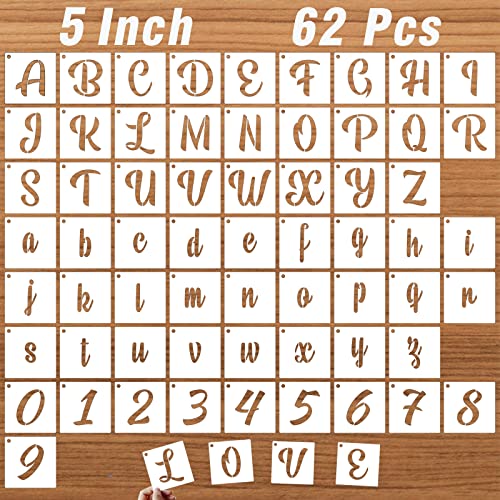 5 Inch Letter Stencils for Painting on Wood, 62 Pcs Calligraphy Alphabet and Number Stencil, Reusable Plastic Art Craft Cursive Lettering Templates Upper and Lowercase - size: 5 Inch