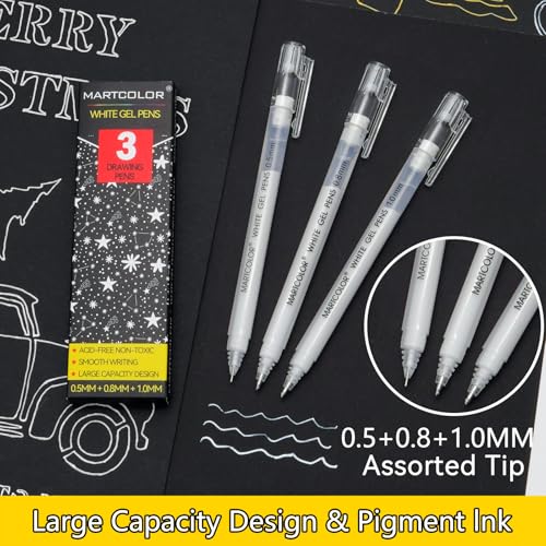 MARTCOLOR White Gel Pens, 3 Pack, 0.5mm, 0.8mm, 1.0mm White Gel Ink Pens | Opaque Archival Ink Pen for Black Paper Drawing, Art Highlight, Illustration, Bullet Journaling, Card Making & DIY Projects - style: White - 0.5+0.8+1.0mm