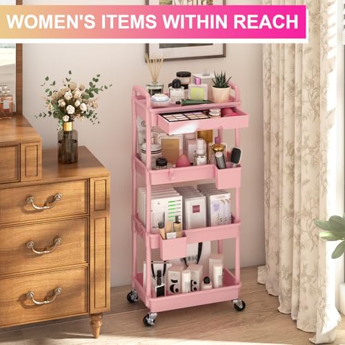 Goovilla 4 Tier Rolling Utility Cart Organizer with Removable Drawer, Pink | Stable and Sturdy Rolling Storage Carts with 2 Lockable Wheels for Bathroom, Kitchen, Snack, Craft, Makeup, Baby Essentials - size: 4 Tier, style: Pink