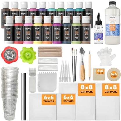 Nicpro Acrylic Pouring Kit, Artist Starter Supplies Including 19 Colors | Acrylic Paints,Pouring Medium, Silicone Oil, Canvases, Gloves, Strainers, Mixing Stick, Instructions for Flow DIY Painting