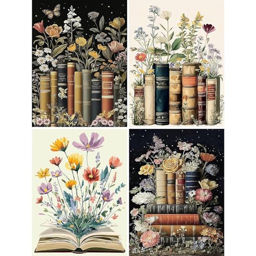 EIBEILI 4 Pack Book Flower Diamond Art Kits for Adults, Book 5D Diamond Painting Kits for Beginner DIY Gem Art Full Drill Diamond Dots Crystal Craft Kits for Home Wall Decor Gifts 12x12inch - color: DP02896