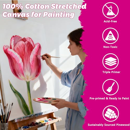 Stretched Canvas for Painting, 24Pack Canvas Value Pack for Painting, Triple Primed 5/8" Profile Cotton Professional Artist Quality Blank Canvas,Ready to Paint, Art Supplies for Acrylic, Oil - size: 24PK