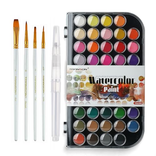 TRANSON 48 Colors Watercolor Paint Set with 4pcs Paint Brushes and 1pcs Water Brush Pen for Adults, Beginners and Artists