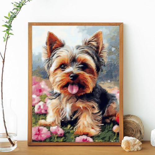MIJVFNB Yorkshire Terrier Dog and Flowers 11CT Counted Cross Stitch Kits Color Printed Stamped Cross-Stitch Supplies Needlework Printed Embroidery Kits DIY Kits Needlepoint Starter Kits, 12x16 inch