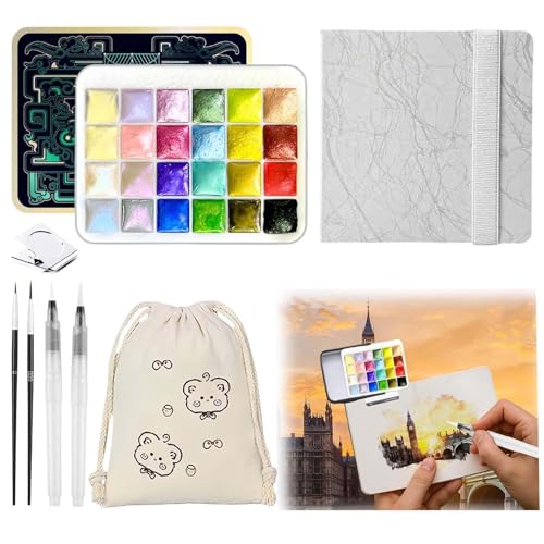 Mini Watercolor Paint Set - 24 Colors Glitter Travel Watercolor Set, Portable Metallic Water Color Paints Palette Box with Watercolor Book,Clips,Pens,Storage Bag for Painting Lovers and Artists - color: Blue Black 24 Colors
