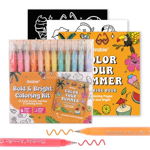 Grabie Acrylic Gel Pens Coloring Kit with Book, Pack of 12 Summer Colors | 1.0mm Medium Tip Gel Pens, Great for Adult Coloring & Journaling, Smooth Colors for Creative Art, Gift Set for Art Lovers - color: Summer Colors