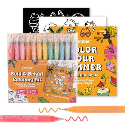 Grabie Acrylic Gel Pens Coloring Kit with Book, Pack of 12 Summer Colors - color: Summer Colors