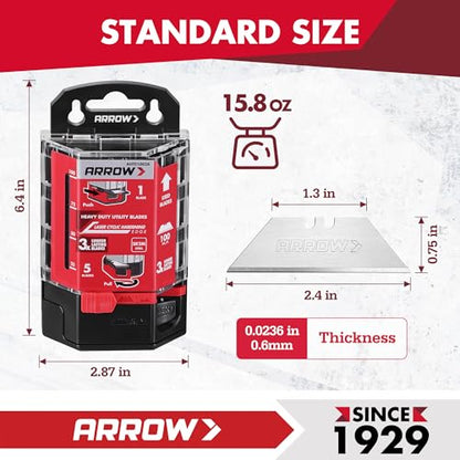 ARROW 100-Pack Utility Knife Blades, SK2 Steel Replacement Blades | Tempered Steel, Blade Dispenser, Sharp Edge, Box Cutting, Crafting, DIY Projects, Compatible Razor Knives