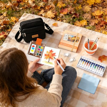 Mini Watercolor Paint Set Travel, Portable Pocket Watercolor Kit with Wooden Palette,Colours,Sketchbook, Brush&Water Cup,Clip.Complete Artist Supplies From Beginner Watercolors to Seasoned Pro Needs