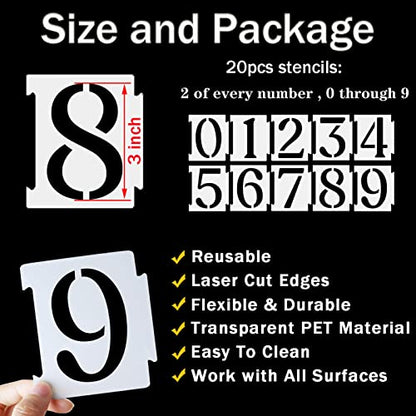 YEAJON 3 Inch Curb Stencil Kit 0-9 Address Number Stencils, 20Pcs Reusable 14 Mil Mylar Plastic Templates for Painting on Road, Wall, Wood, Mailbox - size: 3 Inch