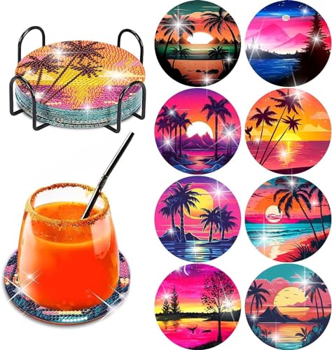 Clendo 8Pcs Diamond Painting Coasters Kits, DIY Landscape Diamond Art Coaster Kits with Holder, Small Diamond Painting Kits for Adults & Kids Art Craft Supplies - color: Bdz8p-85-001