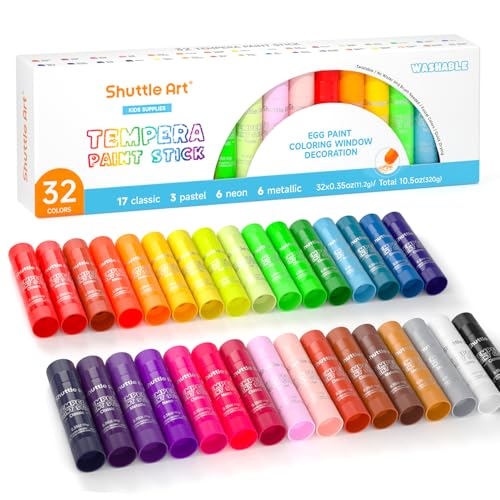 Shuttle Art Tempera Paint Sticks 32 Colors, Kids Safe, Washable Mess-Free | Fast Drying Solid Paint Sticks, Works Smoothly and Creamy on Paper, Wood, Glass, Ceramic and Canvas for Kids Art Creation - color: 32 Colors