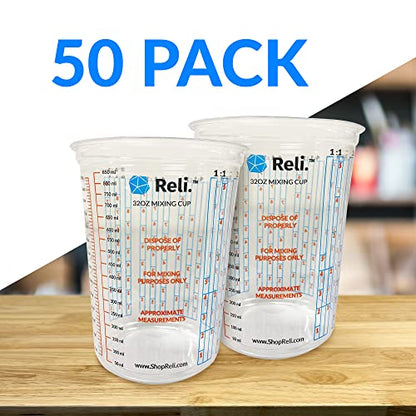 Reli. Paint Mixing Cup (50 Pcs) 32 oz (1 quart) | Disposable Measuring Cups | Clear Plastic Mixing Cup | Use for Paint, Epoxy, Resin, Pigments (32oz)