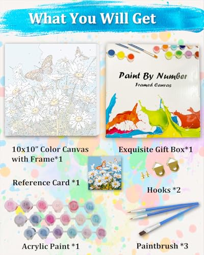 TOCARE Framed Paint by Numbers Kit for Adults Beginner & Kids Ages 8-12, Daisy Paint by Number Framed,Adult Paint by Number Kits on Canvas Framed Flowers Daisy (10x10 Inch, Without Easel) - color: TC-F-101