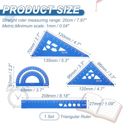 HARFINGTON 4pcs Triangular Ruler Set 20cm Aluminum Alloy Straight Geometric Protractor Triangle Engineering Scale Drafting Ruler Kit Measuring Drawing Tool for Classroom Office Home, Blue - color: Blue