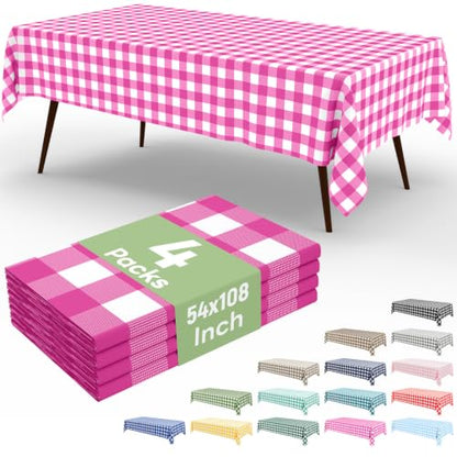 4 Packs Buffalo Disposable Table Cloth, 54 x 108 Inch Waterproof Plastic Tablecloth, Rectangle Hot Pink and White Checkered Table Covers for Picnic, Birthday, Party, Back to School - color: Hot Pink and White, size: 54" x 108" - 4 Pack