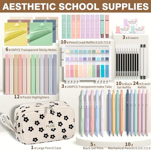 62PCS Aesthetic School Supplies Cute Back to School Supplies Stationary Set | College Preppy Essentials Kit with Large Pencil Pouch Case, Pastel Highlighters Gel Pens Mechanical Pencils for Student Girls - color: Black Floral