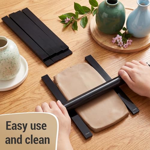 Fiwochic 12 Pcs Acrylic Pottery Tools Set Includes 1 Acrylic Clay Rolling Pin Sculpting Polymer Clay Tools 1 Stain Resistant Tablecloth and 10 Pcs 5 Size Teaching Rolling Mud Stick Guide(Black) - color: Black