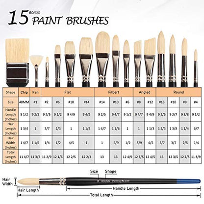 Falling in Art 15 Pcs Professional Oil Paint Brush Set, Natural Hog Bristle - color: Black