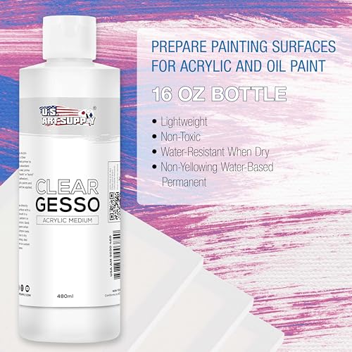 U.S. Art Supply Clear Gesso Primer (16oz) for Oil & Acrylic Painting - Enhances Blending & Canvas Paint Prep - Mixable Clear Gesso Primer for Acrylic Painting - color: Clear