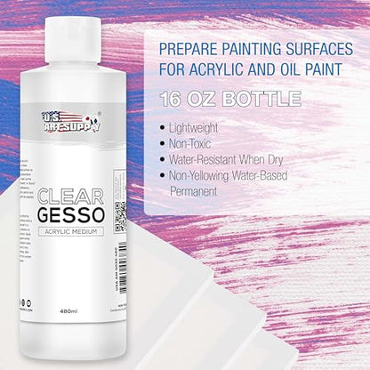 U.S. Art Supply Clear Gesso Primer (16oz) for Oil & Acrylic Painting | Enhances Blending & Canvas Paint Prep - Mixable Clear Gesso Primer for Acrylic Painting - color: Clear
