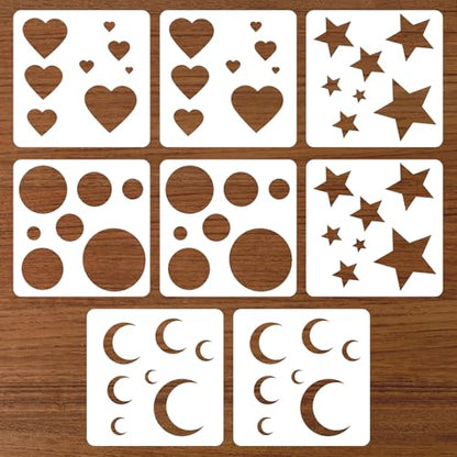 8Pcs Moon and Star Stencil, Small Reusable Plastic Art Craft Templates for Painting, Moon Star Heart and Circle Stencils for Fabric Walls, Arts, Wood, Paper, Home Decoration DIY Craft Projects