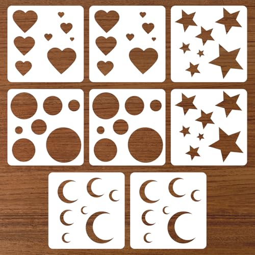 8Pcs Moon and Star Stencil, Small Reusable Plastic Art Craft Templates for Painting, Moon Star Heart and Circle Stencils for Fabric Walls, Arts, Wood, Paper, Home Decoration DIY Craft Projects