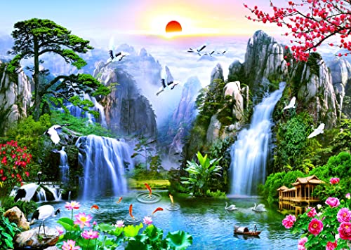 BELECO 12x10ft Fabric Fairyland Mountain Lake Photography Backdrop Waterfalls Swans Fish Flowers Dreamy Natural Landscape Painting Background Wall Murals Home Decor Kids Adults Portrait Photoshoot - size: 12x10FT