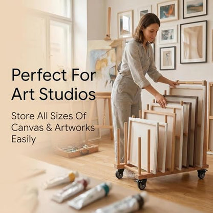 Art Storage Rack with Brake Caster Wheels,Art Drying Rack Wooden Storage Rack for Canvas Frames,Drawing Board Prints,Paper Pads,Perfect for Studios,Galleries, Museums, Art Venues (Large) - size: Large
