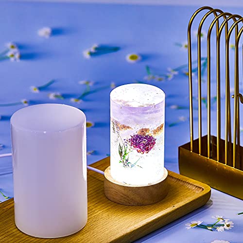 2 Pieces DIY Resin Lamp Mold Kit for Flower Preservation, Large Cylinder Resin Casting Mold with 2 USB Wooden LED Light Bases, Preserved Flower Display Lamp Making Kit, Handmade Gift Home Decoration