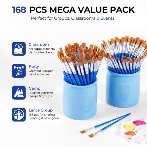 Smallbudi 168 PCS Small Paint Brushes Bulk, Flat Tip Acrylic Paint Brushes | Art Brushes for Kids Classroom Acrylic Watercolor Oil Painting, Mini Paint Brush Set for Crafts Canvas Face Paintng Touch Up - size: 168 Flat Brushes
