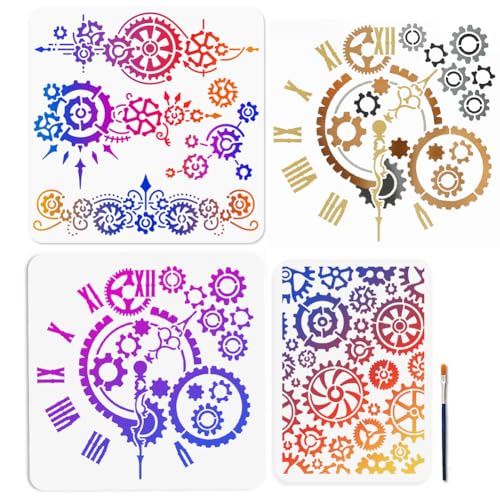 MAYJOYDIY 3Pcs Vintage Gear Stencils Mechanical Art Painting Stencil 11.8×11.8/11.7×8.3inch Reusable Gear Clock Drawing Template with Paint Brush for Craft on Window Wood Wall Home Decor - style: Vintage Gear