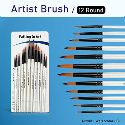 Falling in Art 12 PCS Professional Round Paint Brushes Set | Artist Brushes for Watercolor, Oil Painting, Acrylic, Face Body Nail Art, Crafts, Rock Painting - size: 12 Pcs Round Nylon