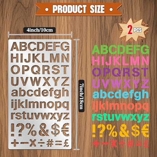 2PCS Stainless Steel Stencils Set for Engraving,Wood Burning - Reusable Alphabet Number Font Templates with Decorative Patterns for Metal,Wood,Leather,Glass,Journaling DIY Crafts (4x7 Inch) - size: 2PCS Alphabet Number Stencils