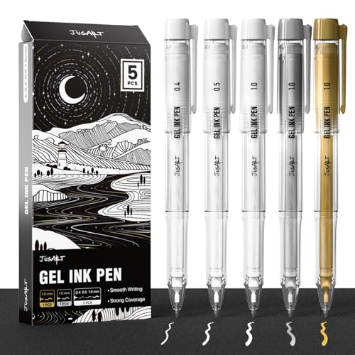 JusArt White Ink Pen, Gold Pens & Silver Pen with Assorted Tips, 5 Pack | 0.4mm, 0.5mm & 1.0mm Opaque Ink Pens for Black Paper, Journaling & DIY Crafts, Ideal for Artists & Art Supplies - color: Multicolor, size: 1 Count (Pack of 5)