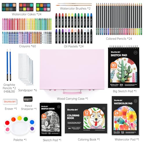 Shuttle Art 149 Piece Deluxe Art Set, Art Supplies in Wooden Case, Painting Drawing Art Kit with Crayons Colored Pencils Oil Pastels Coloring Book Sketch Pad for Kids Adults - color: Pink, size: 149 Piece Set