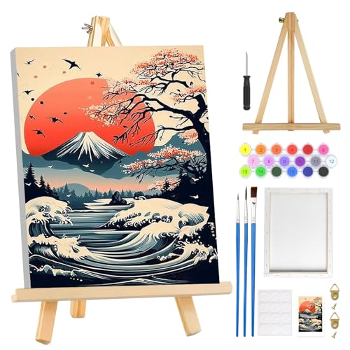 MOGTAA The Great Wave Paint by Numbers Kit for Adults Beginners with Frame, Landscape Adult Paint by Number Kits on Canvas with Easel, Easy DIY Oil Painting Kits for Home Decor, 8x12in - color: The Great Wave