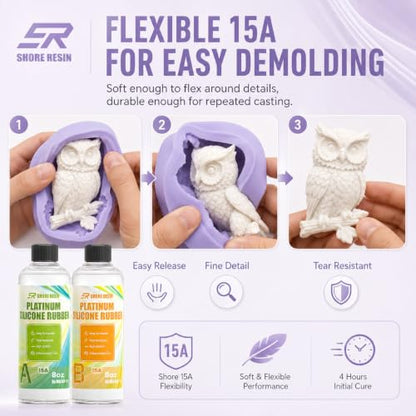 Platinum Silicone Mold Making Kit 16 oz, 15A, 1:1 Self-Degas | 16 oz platinum silicone, 1:1 mix, flexible 15A, self-degassing flow and fine-detail casting for reusable craft molds.