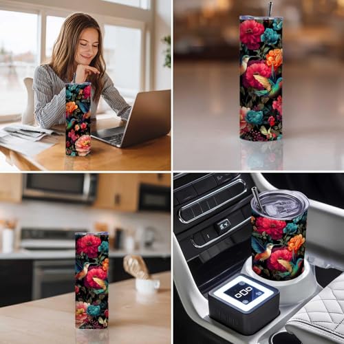 Firmiso 20 oz Tumbler | Skinny Insulated Travel Mug with Leak-proof Lid and Telescopic Straw | Hummingbird & Peony Stainless Steel Coffee Cup for Hot & Cold Drinks | Hummingbird Gifts for Women - color: Hummingbird