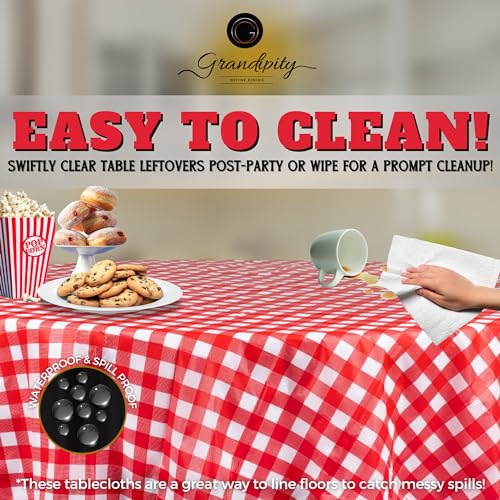 Grandipity Plastic Table Cloth Disposable 12 Pack 84" Round Red Gingham | Plastic table covers, durable disposable tablecloths, fade and tear-resistent table cover for party, event - color: Red Gingham Checkered, size: 84in. Round