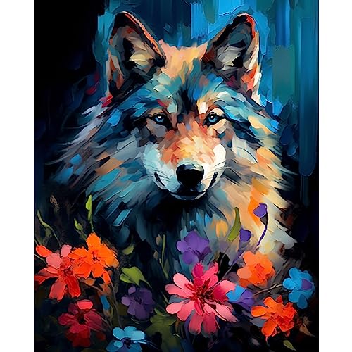 Tucocoo Wolf Portrait Paint by Number for Adults, DIY Digital Oil Painting Kits on Canvas with Brushes and Acrylic Pigment, Abstract Flowers Animal Hand-Painted for Home Decor 16x20 inch (Frameless) - color: Artwork-07, size: 16''x20''(Without Frame)