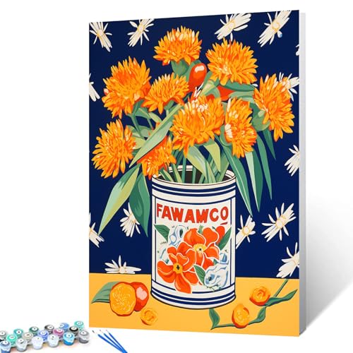 Retor Orange Flowers in a Tin DIY Paint by Numbers for Adults Orange Floral DIY Oil Painting Acrylic Paint Art Painting Kit Canvas with Acrylic Paints Vintage Flowers Art 16x20 Inch（DIY Frame ） - color: Floral in Tin 05, size: 16''x20''(DIY Frame)