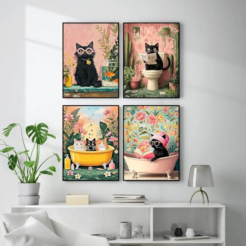 mrpwnle 4 Pack Cat Diamond Art Kits for Adults, Black Cat Diamond Painting - color: 4 Pack Black Cat, size: 11.8x15.7in(30x40cm)