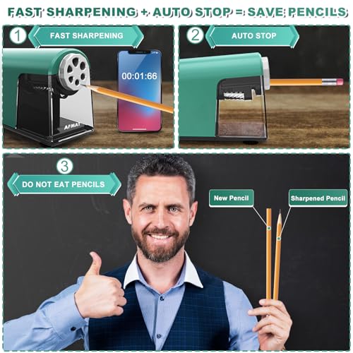 AFMAT PSX2 Heavy Duty Electric Pencil Sharpener 6 Holes, Classroom Pencil Sharpener for 6-11mm Pencils, Auto Stop, Super Fast, Save Pencils, School Teacher Must Have Pencil Sharpeners Plug in, Green - color: Green