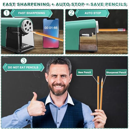 AFMAT PSX2 Heavy Duty Electric Pencil Sharpener 6 Holes, Classroom Pencil Sharpener for 6-11mm Pencils, Auto Stop, Super Fast, Save Pencils, School Teacher Must Have Pencil Sharpeners Plug in, Green - color: Green