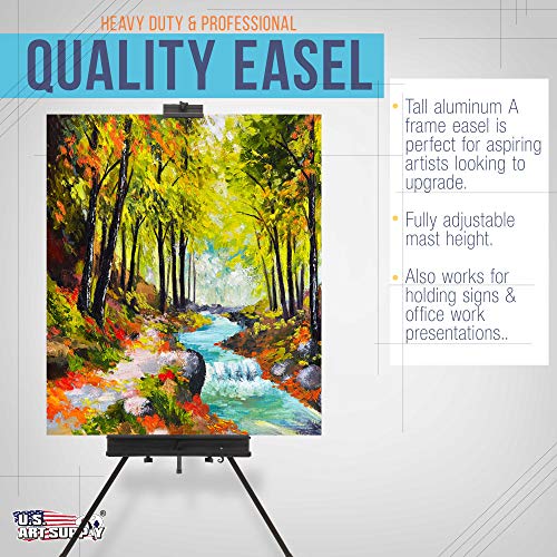 U.S. Art Supply 69" High Aluminum Single Mast Artists Studio Easel Stand for Sign and Floor Display - Heavy Duty Adjustable Extra Large Canvas Height Up to 47" - Palette Holder, Brush Rest, Painting