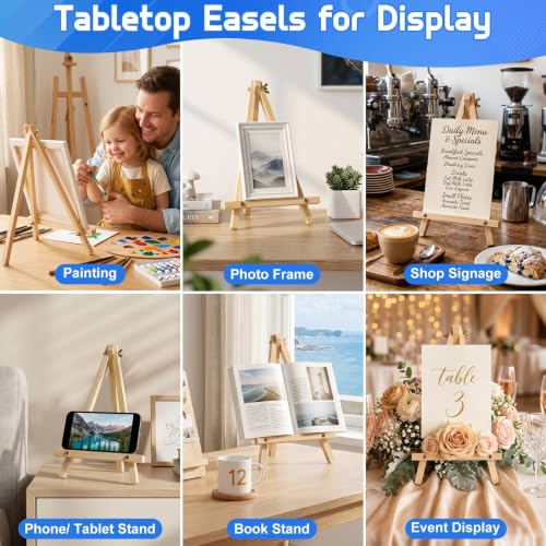 16 Pack 9 Inch Wood Tabletop Easel Canvas Stand Bulk for Painting | Tripod Art & Crafts Easel with Small Paint Brushes, Palettes Set for Sip and Paint Party, Display, Photo Picture Sign Holder