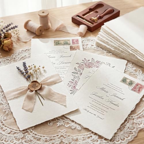 50 Sheets Deckled Edge Handmade Paper, 7 x 10 in, 160 GSM | Rough Cold-Pressed Texture, Handmade Deckle Edge, for Invitations, Cards, Watercolor and Crafts - size: 7x10 Inch
